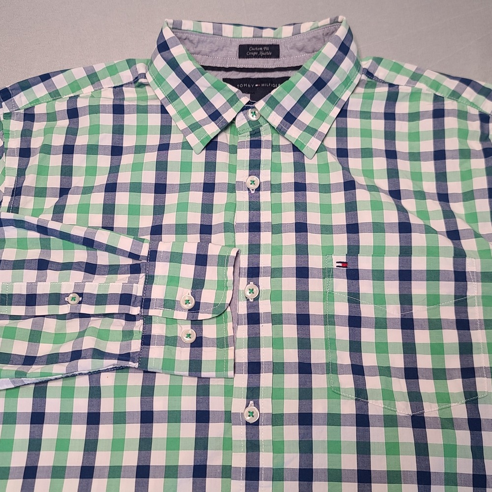 Tommy Hilfiger Button Down Men Medium Green Navy Gingham Custom Fit Cotton Shirt